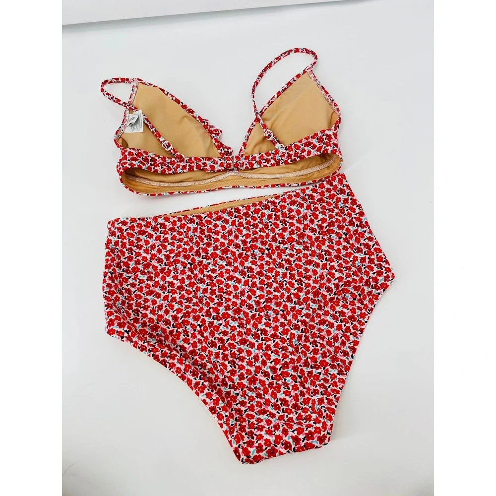 J. Crew Bikini Set Women M Red Floral High Waist Ruffle BD859